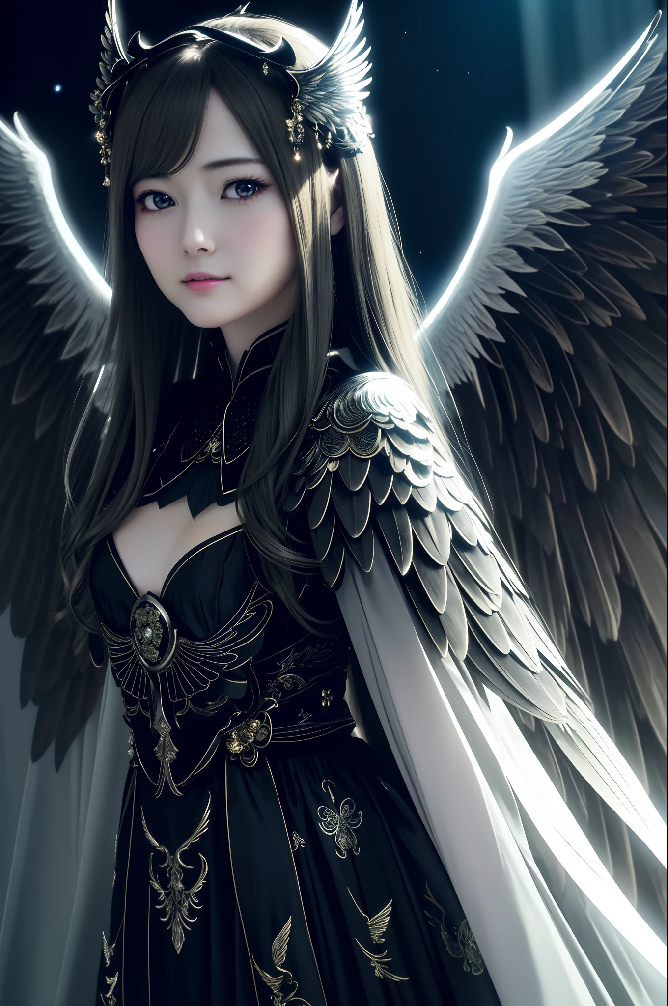 maiyan,(extremely detailed CG unity 8k wallpaper,masterpiece, best quality, ultra-detailed, beautiful detailed eyes:1.2),best illumination,dark night,moonlight,(best shadow, an extremely delicate and beautiful, bloom), ((a dark angel,hair ornamen,dark eyes,long hair,angel wings,black wings)),smirk,oversized wings,(big wings:1.4),dramatic,cinematic,Film filter,