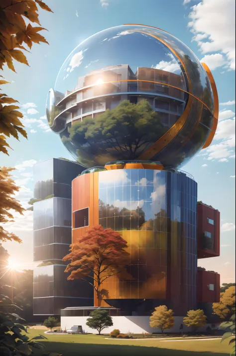 high solar energy technology, modern architecture, scientific home, semi-spherical exterior home, metallic, forest, daylight, sk...