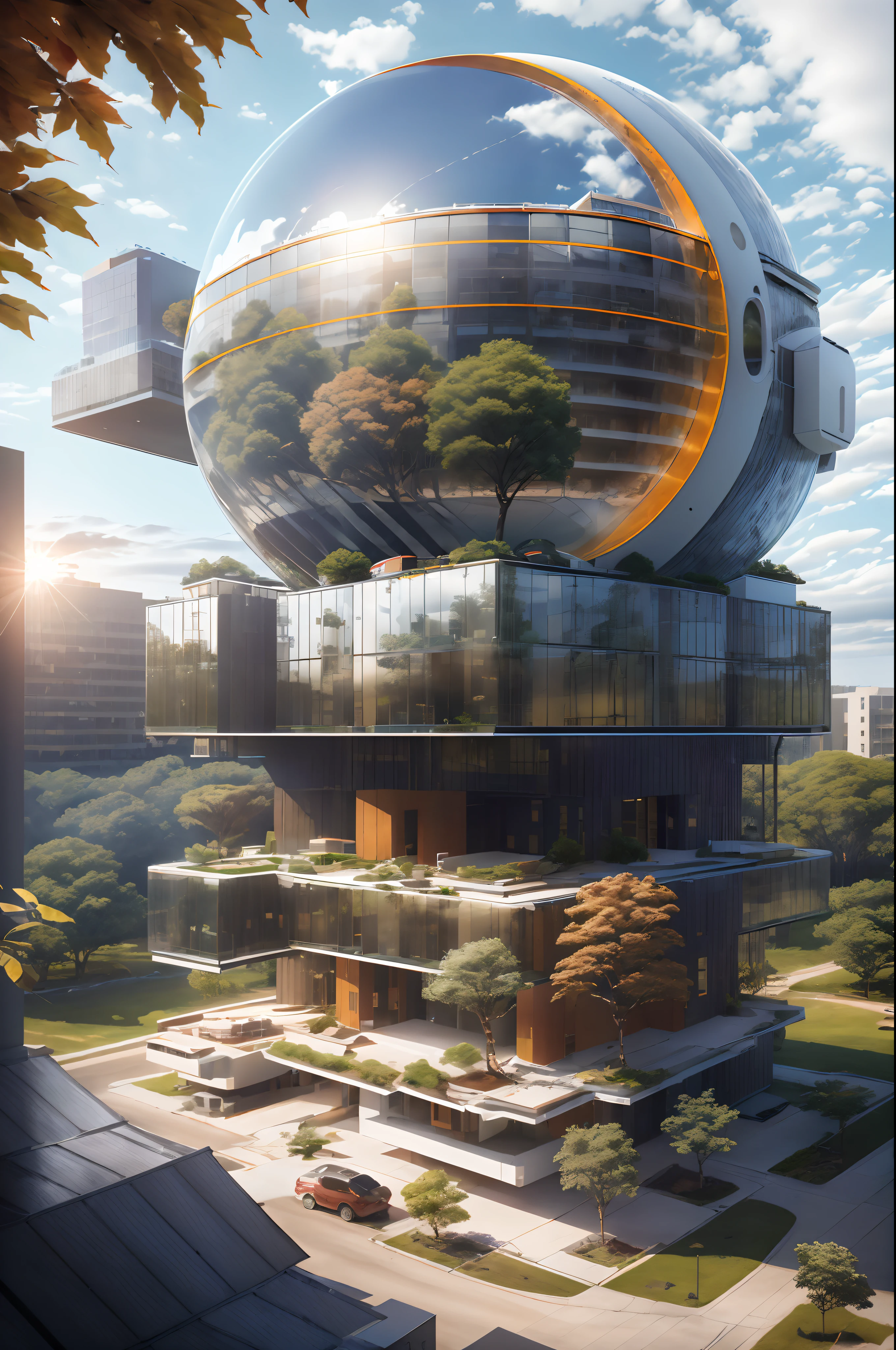 high solar energy technology, modern architecture, scientific home, semi-spherical exterior home, metallic, forest, daylight, sky, white cloud, realistic, futuristic, 8K, masterpiece, best quality, high resolution, extremely full detailed,