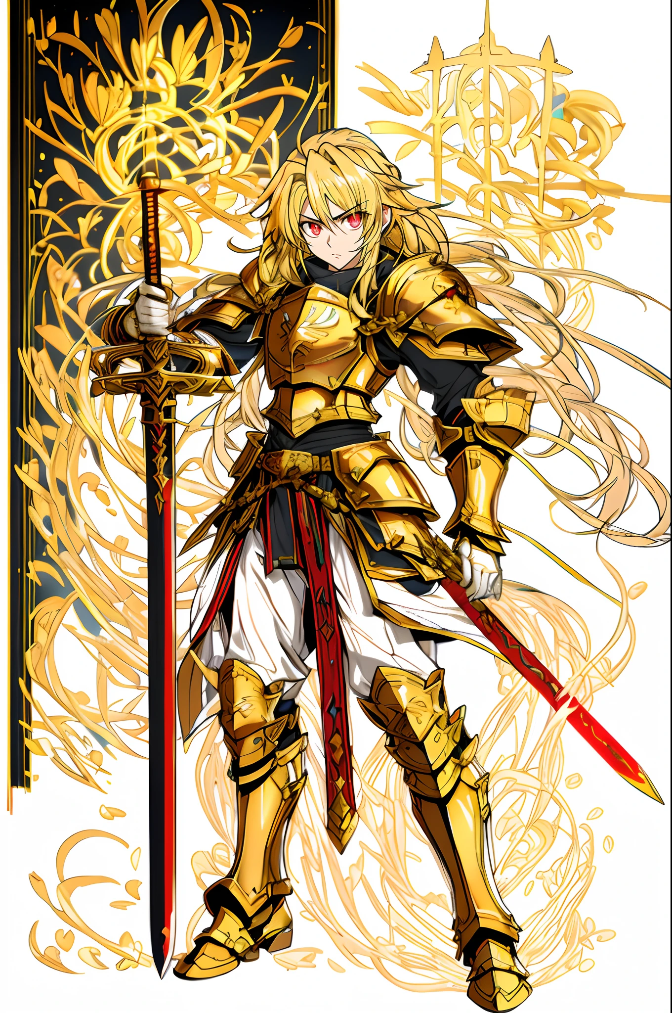 Sun Knight，Golden hair，shoun，Golden longsword，golden rays，Golden glowing eyes，Red armor，Handsome，anime big breast，Exquisite，Works of masters，Face restoration，Facial features of normal people，serious-expression，RPG style