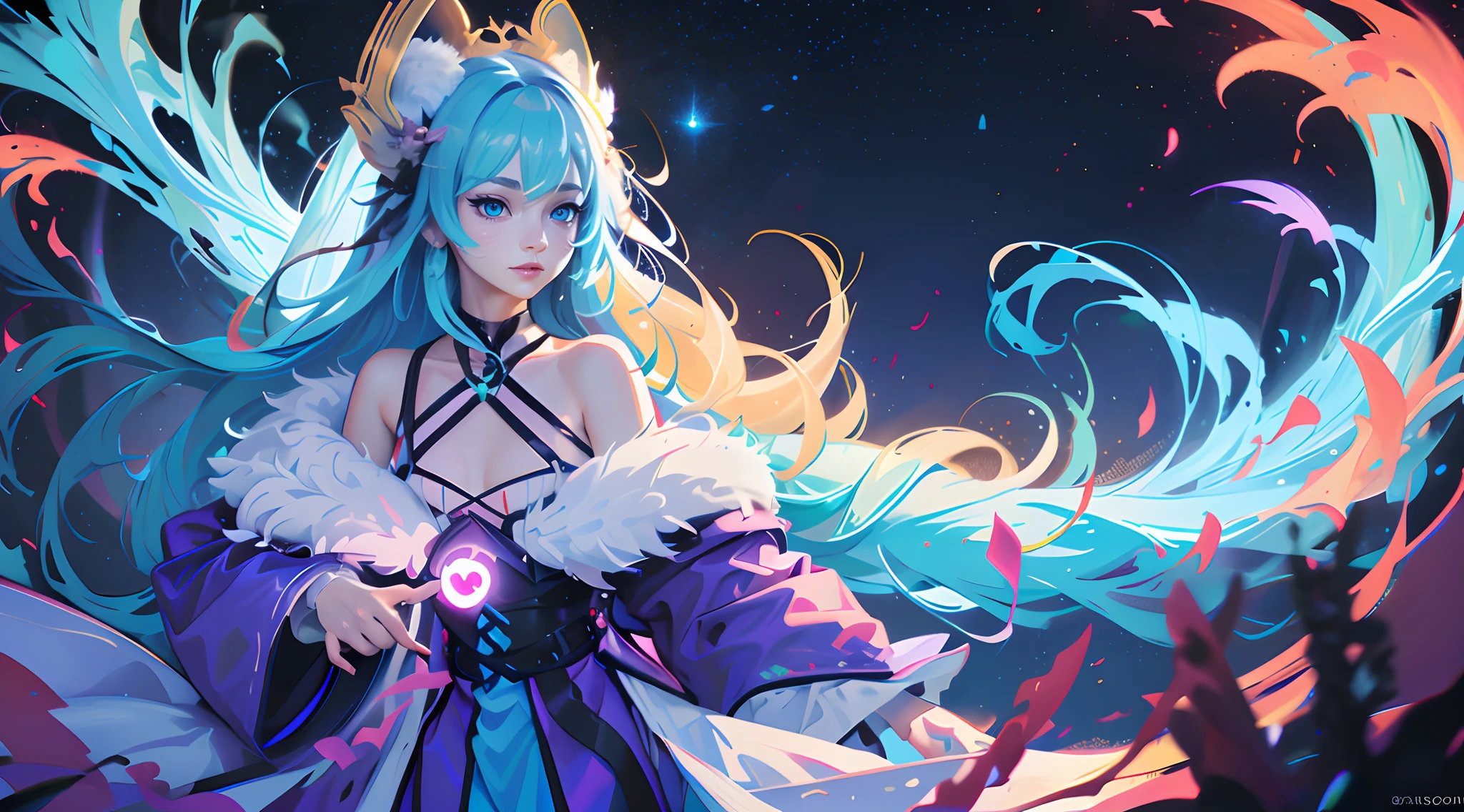 a picture of a beautiful nine tailed fox girl stares, glowing eyes, small blue aura flame around her, masterpiece, best quality, light particle, depth of field, field, scenery, fantasy, starry night, red light, blue light, far away, pastel colors, chromatic aberration abuse, dark, cloudy sky, space, blue aura, aura, cinematic, dark atmosphere, day, dark hole,  purple light, illumination, ultra realistic details, arcane art style, inspired by NEVERCREW, hypervivid intense mcbess, inspired by Tim Biskup, digital illustration, by Justin Gerard,