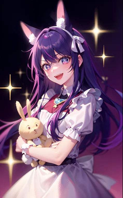 1girll，（（There is a five-pointed star in the eye））Gorgeous Hair in Long Purple，Smile，Open mouth，the maid outfit，Blushlush，Bunny ...