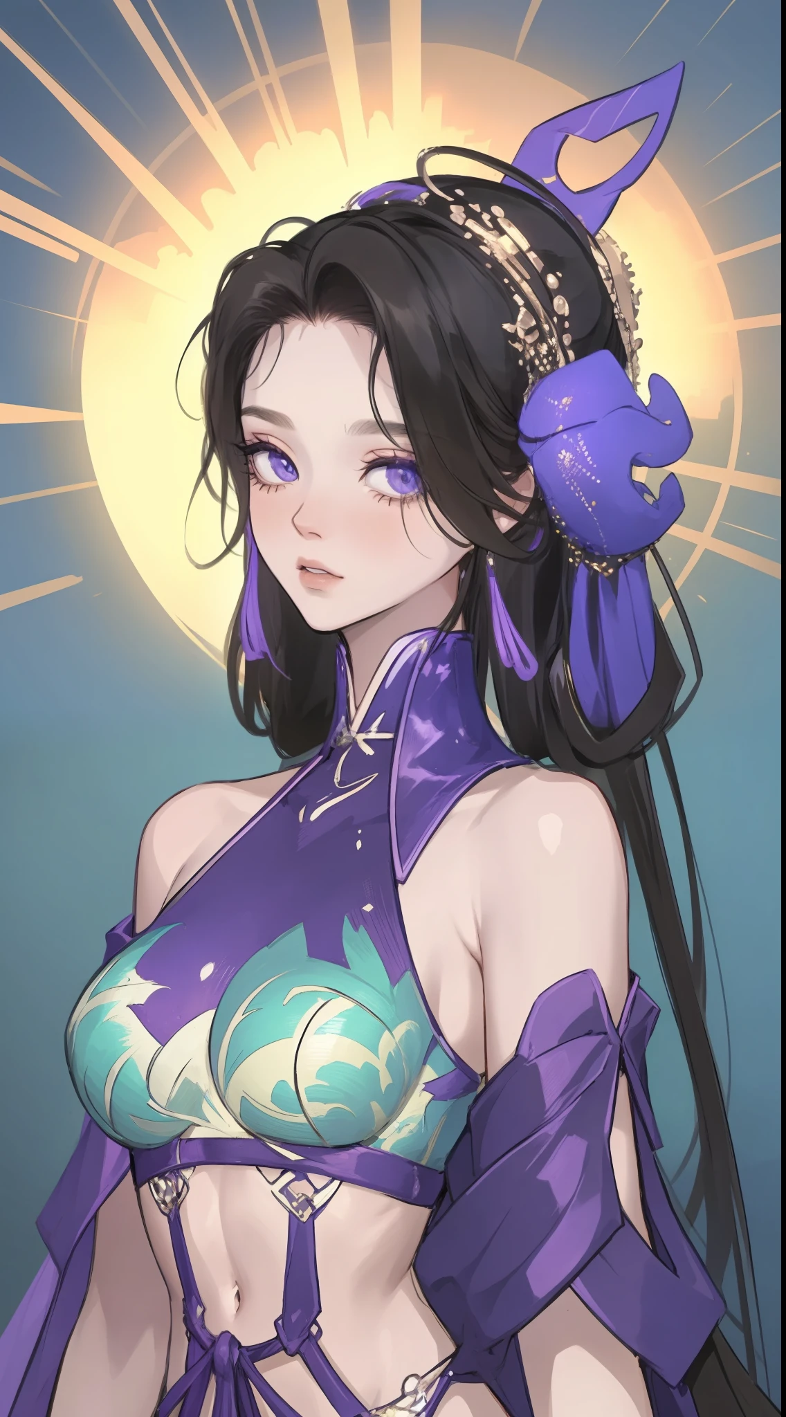 （best qualtiy，tmasterpiece：1.2），超高分辨率，realisticlying，Front lighting，Complicated details，Exquisitedetailsandtextures，（1girll），独奏，The upper part of the body，Purple Hanfu，Petal pattern，Nice big eyes，Purple dress，beauitful face，facing to audience，Streamers，gossamer，（年轻），Facial highlights，Detal Face，tear-mole，white skinned，Silvery hair，High ponytail，looking at viewert，largeeyes，（Openwork pattern），耳Nipple Ring，slimfigure，white backgrounid，correct hand，profesional lighting，photon maping，Radio City，physically-based renderingt