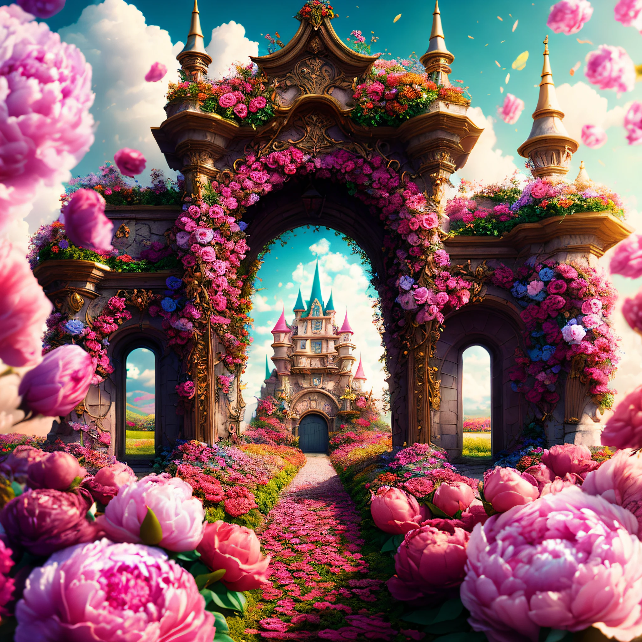 Фото (стиль цветочных ворот:1) Вход в замок утопает в цветах, Дисней, пион, кинематографический, Сюрреалистический, HD