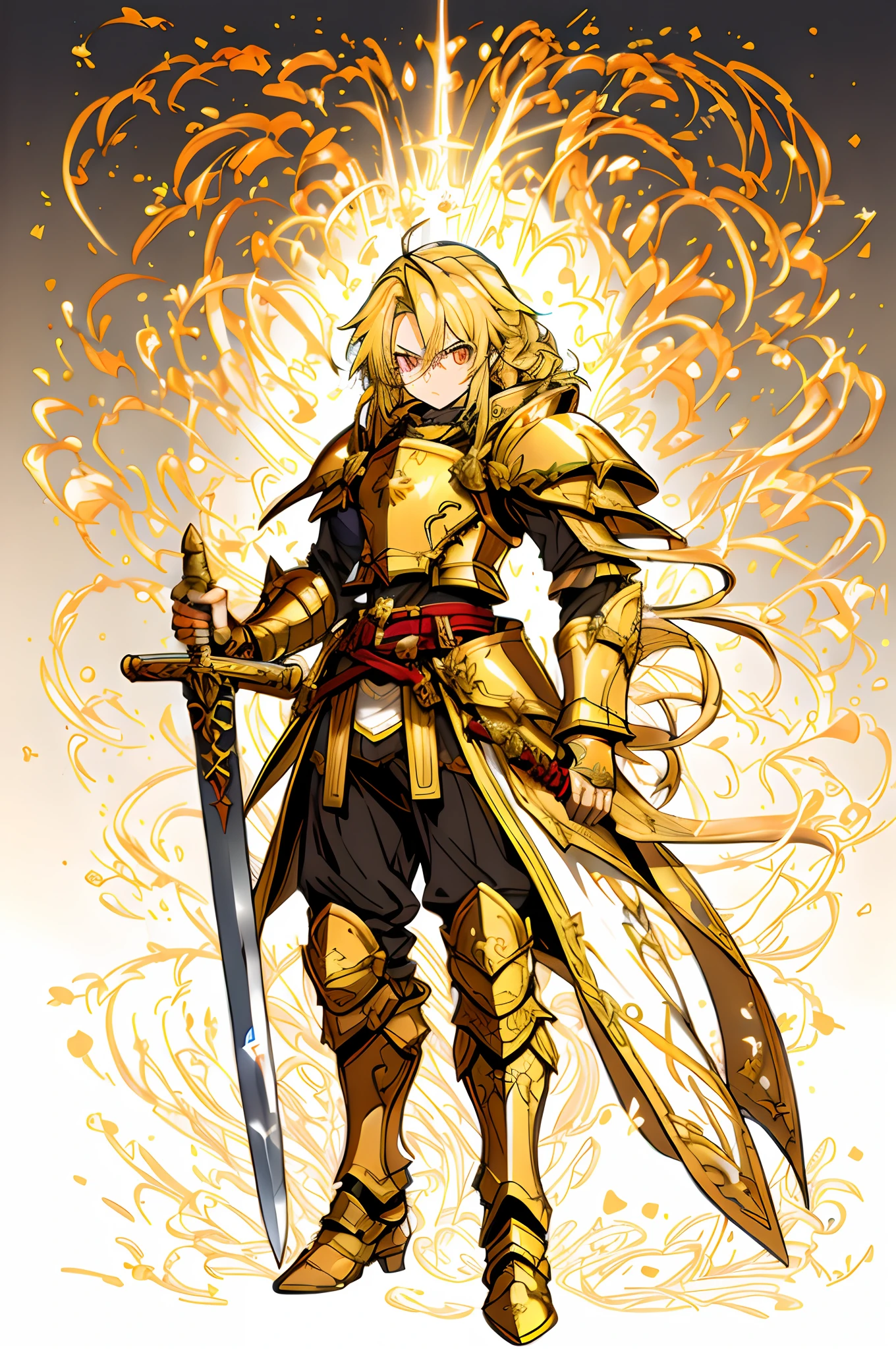 Sun Knight，Golden hair，shoun，Golden longsword，golden rays，Golden glowing eyes，Red armor，Handsome，anime big breast，Exquisite，Works of masters，Face restoration，Facial features of normal people，serious-expression，Two normal human legs，RPG style