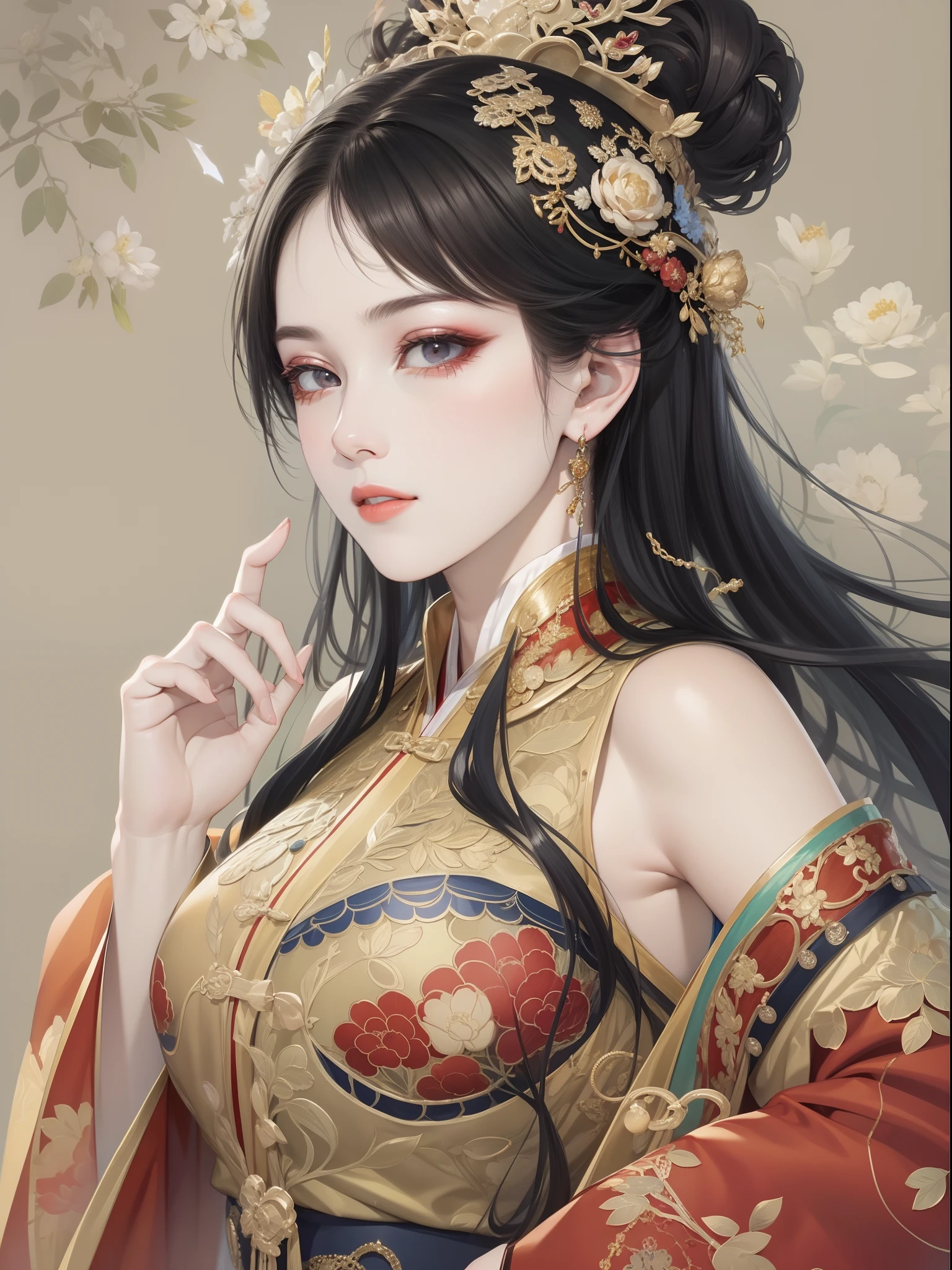 A beautiful girl in ancient China，The facial features are delicate and fair，Cool temperament，Red clothes，Black hair coiled into a bun，Over-ear joystick，Chinese Song Dynasty clothing，Red-gold pattern case maxi dress，Long black hair，A gold coat on his head, He shook as he walked，rays of sunshine，Clear face，tmasterpiece，ultra - detailed，Epic composition，high qulity，HighestQuali，The main color is red，Background background simple element。Bust，Back shadow。Invisible hands，No hands。
