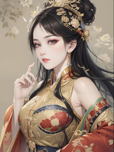 A beautiful girl in ancient China，The facial features are delicate and fair，Cool temperament，Red clothes，Black hair coiled into ...