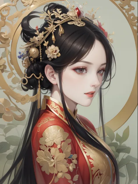 A beautiful girl in ancient China，The facial features are delicate and fair，Cool temperament，Red clothes，Black hair coiled into ...