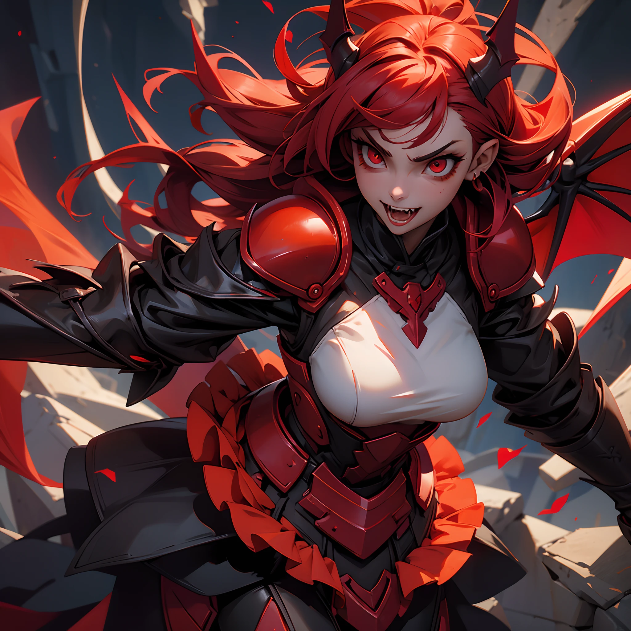 Vampyr anime girl, mouth full of fangs, red vampire armor, red and orange  bat-like wings, best quality - SeaArt AI