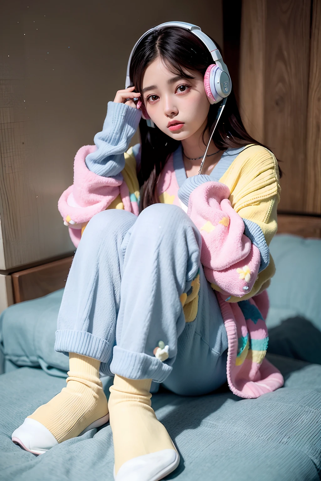 Alafe sitting on bed wearing headphones and sweater, colorful pastel, cute colorful adorable, ulzzangs, wearing pajama, lofi-girl, wearing a baggy pajamas, tzuyu from twice, soft cute colors, colorful pastel, Colorful mood, young and cute girl, in pastel colors, pastel colors only, pastel color, Bright pastel colors