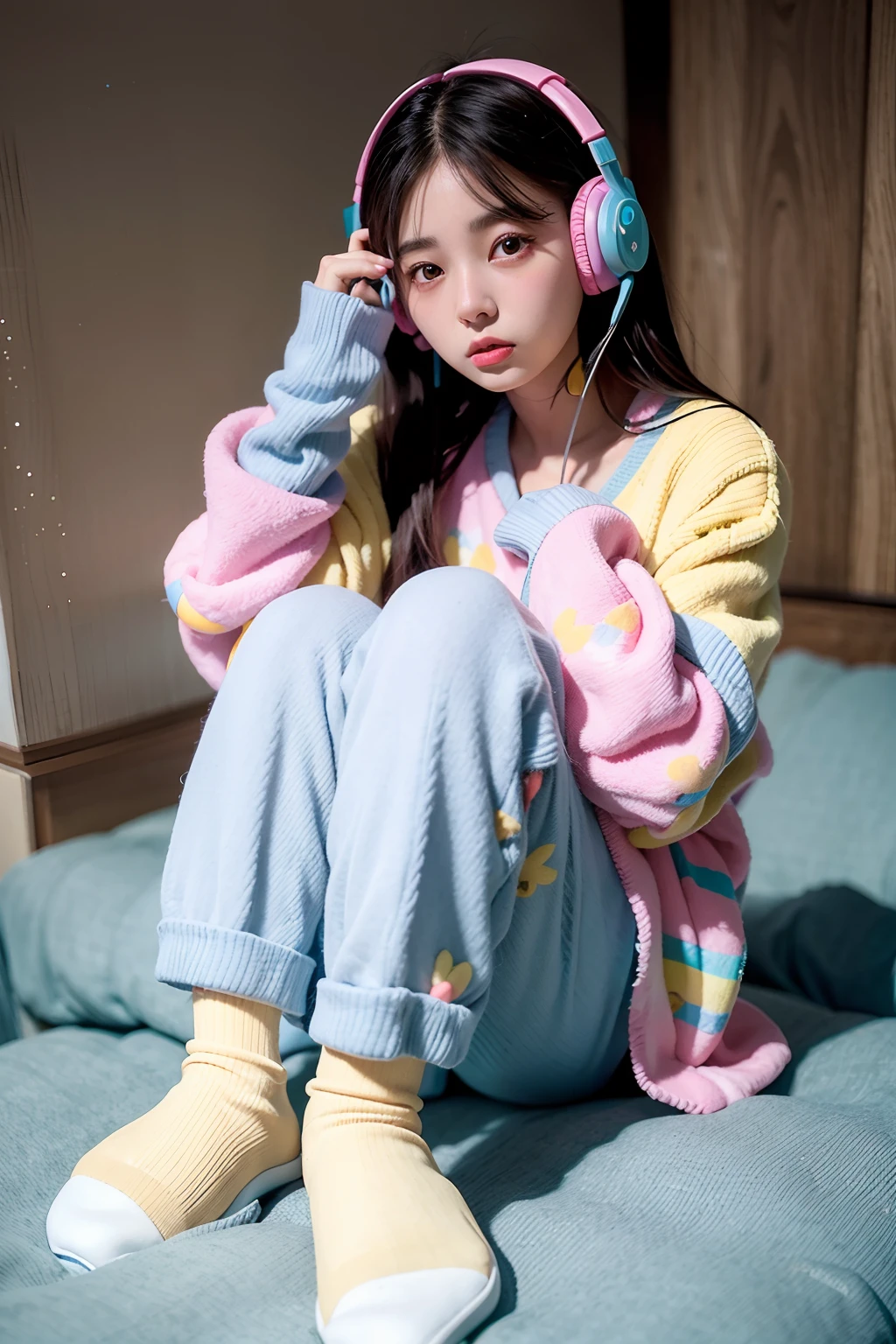 Alafe sitting on bed wearing headphones and sweater, colorful pastel, cute colorful adorable, ulzzangs, wearing pajama, lofi-girl, wearing a baggy pajamas, tzuyu from twice, soft cute colors, colorful pastel, Colorful mood, young and cute girl, in pastel colors, pastel colors only, pastel color, Bright pastel colors