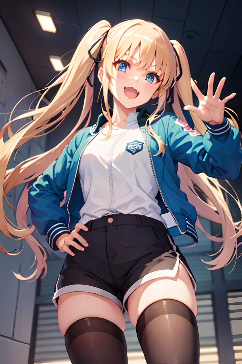 ph_eriri, 1girl, sawamura spencer eriri, solo, thighhighs, blonde hair, twintails, blue eyes, fang, long hair, shorts, open mouth, black thighhighs, smile, letterman jacket, hair ribbon, :d, jacket, hand on hip, black ribbon, indoss, brown shorts, skin fang, blush, from below
, (masterpiece:1.6, best quality), (finely detailed beautiful eyes: 1.2),