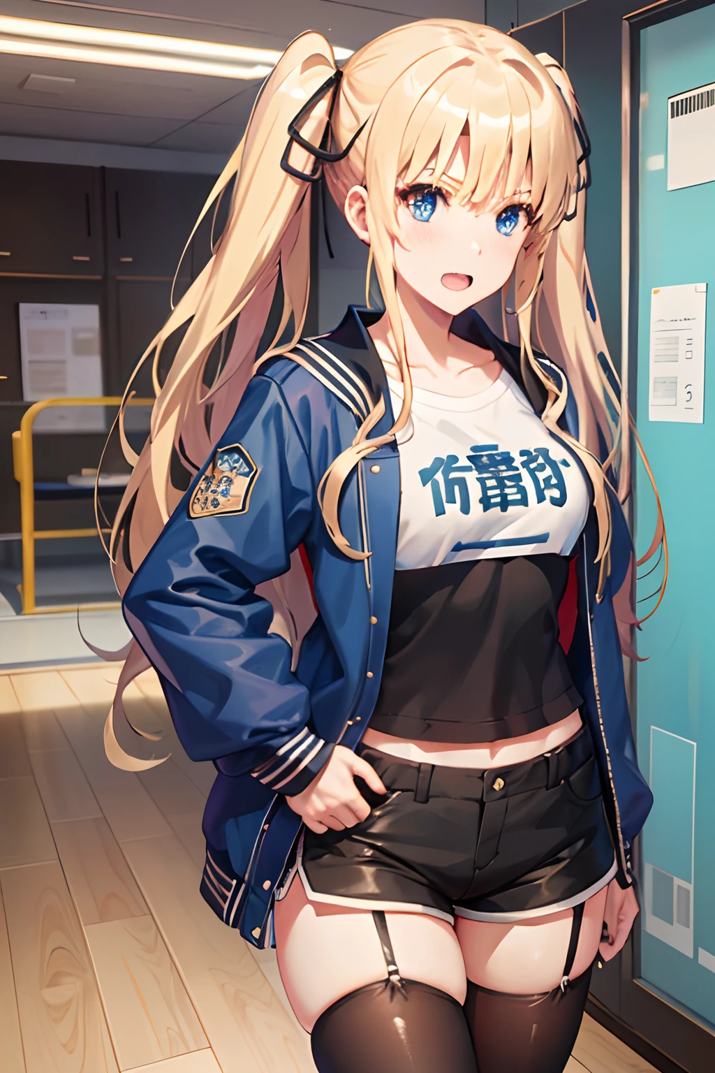 ph_eriri, 1girl, sawamura spencer eriri, solo, thighhighs, blonde hair, twintails, blue eyes, fang, long hair, shorts, open mouth, black thighhighs, smile, letterman jacket, hair ribbon, :d, jacket, hand on hip, black ribbon, indoss, brown shorts, skin fang, blush, from below
, (masterpiece:1.6, best quality), (finely detailed beautiful eyes: 1.2),