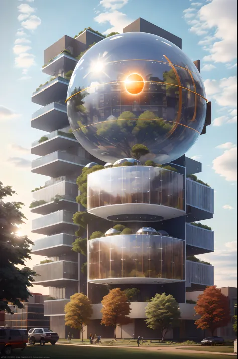 high solar energy technology, modern architecture, scientific home, semi-spherical exterior home, metallic, forest, daylight, sk...
