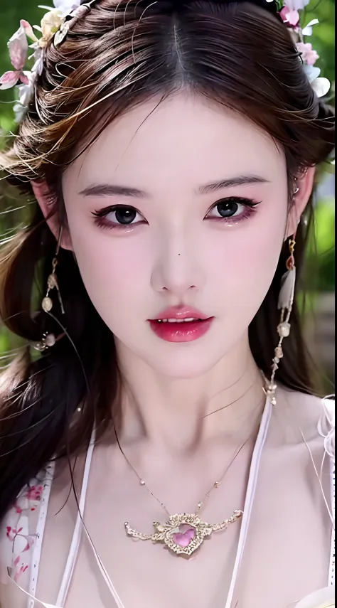 1 realistically beautiful girl, waist length hair, black eyes, ancient Ao Dai, style hanfu, wearing a thin silk shirt of ancient China, pink and smooth white skin, wearing a discreet ancient style ao dai, appears shoulders and head in the photo, plump red ...