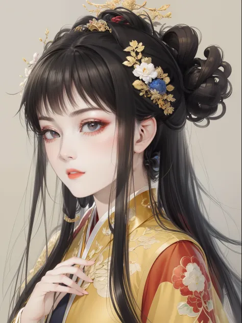 A beautiful girl in ancient China，The facial features are delicate and fair，Cool temperament，Red clothes，Black hair coiled into ...