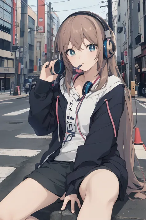 anime girl sitting on a curb with headphones on, anime style 4 k, with headphones, an anime girl, best anime 4k konachan wallpap...