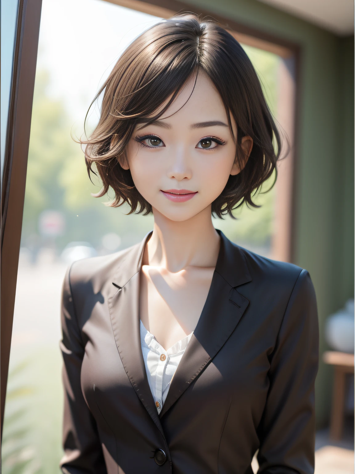 Real, Photo, {Realistic}, {incredibly_absurderes}, Bust, Transparent_Background：2.5, {Girl},ChineseGirl， Short hair, Brown hair, Cute face, Light smile, Beautiful detailed eyes, Brown eyes, Medium breasts, suit, realisticlying, Masterpiece, Best quality