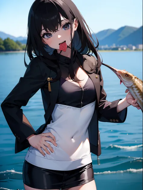 casting a lure with a fishing rod))) (((stand by the lakeside:1.1))),((Best  quality, Masterpiece :1.3)),(1 japanese mature female),large mouth bass -  SeaArt AI