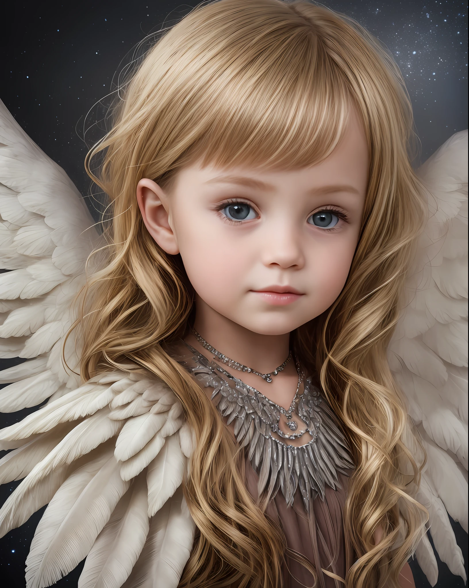 ultra realistic photography, RAW photography, 1 blonde child, beautiful 5 year old child on a dark background, angelic clothes, with feathered wings, beautiful face, normal eyes, caricature, Detailed face] --auto --s2