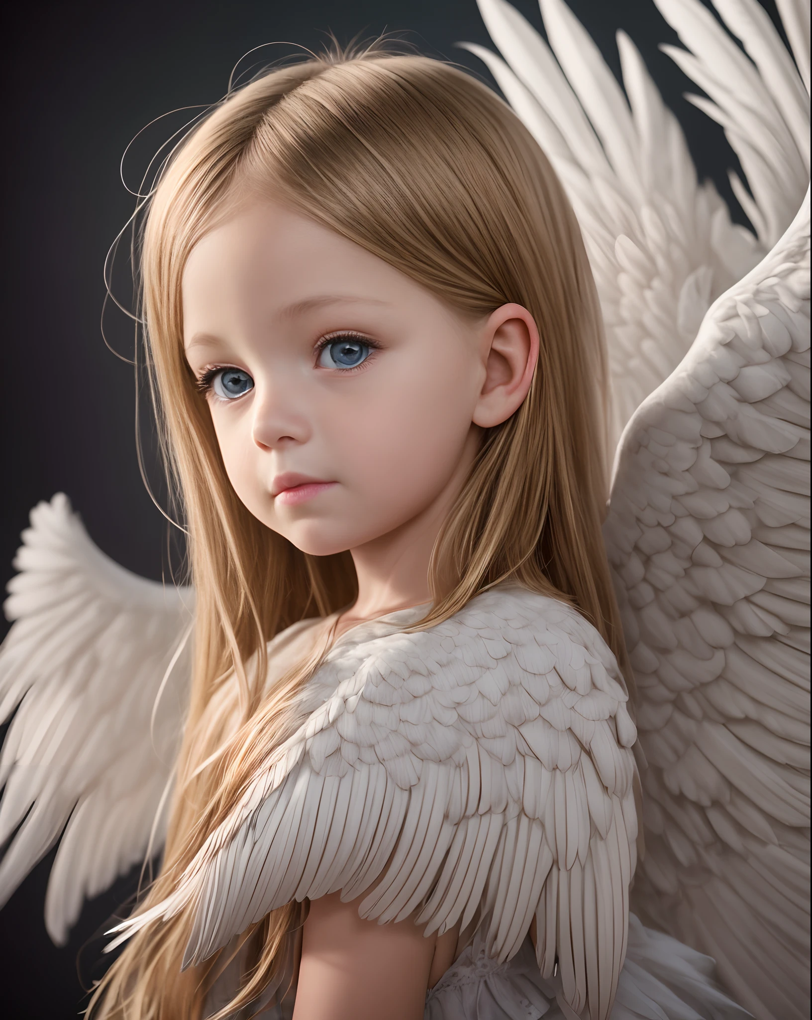 ultra realistic photography, RAW photography, 1 blonde child, beautiful 5 year old child on a dark background, angelic clothes, with feathered wings, beautiful face, normal eyes, caricature, Detailed face] --auto --s2