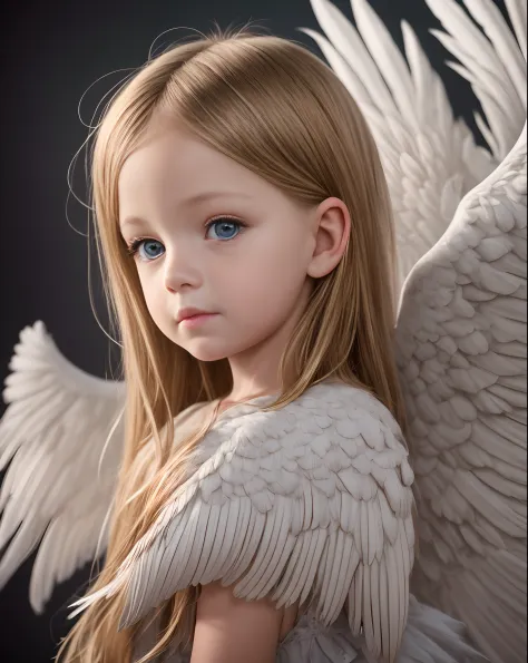 ultra realistic photography, RAW photography, 1 blonde child, beautiful 5 year old child on a dark background, angelic clothes, ...