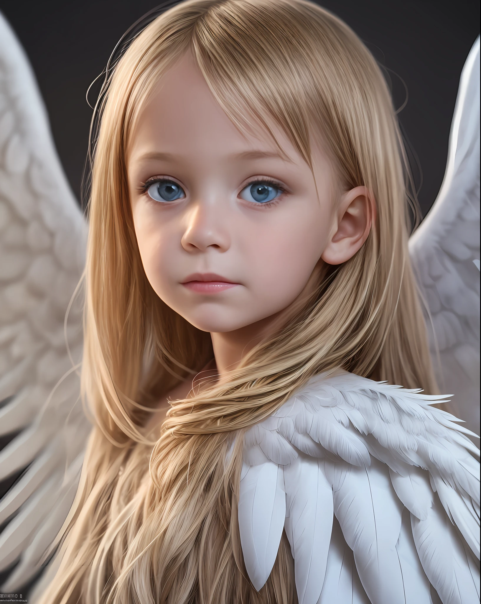 ultra realistic photography, RAW photography, 1 blonde child, beautiful 5 year old child on a dark background, angelic clothes, with feathered wings, beautiful face, normal eyes, caricature, Detailed face] --auto --s2