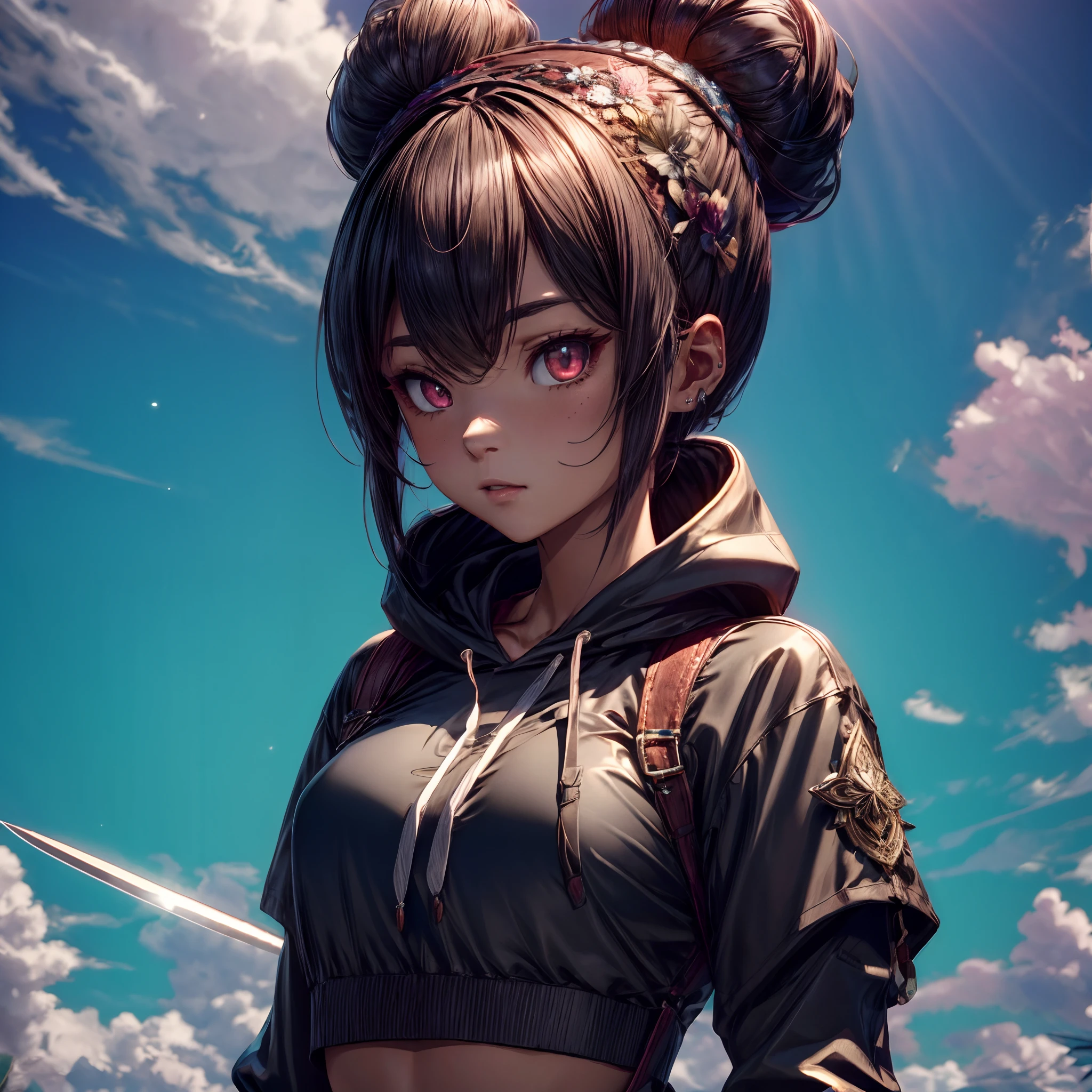 (((adorable, captivating, enchanting, female))), (top buns), ((hoodie, leggings, skirt, pouches)),((boots, gloves, blades)), goddess, anima, meticulous, intricate, intimate, nuanced, (masterpiece), (masterwork), top quality, best quality, highest quality, (highest fidelity), (highest resolution), (highres), caustics, film grain, radiosity, photon mapping, ray tracing, (hyper-detailed), ((detail enhancement)), (deeply detailed), unity 8k, unreal 8k, octane render, awe inspiring, breathtaking, hdr, uhd, hdr, fhd, award winning, (most beautiful artwork),