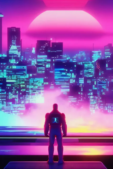 wvert1 ,digital art, futuristic suit , wlop, artgerm , looking_at_viewer, 1990s, seattle background, vaporwave, synthwave,  city...