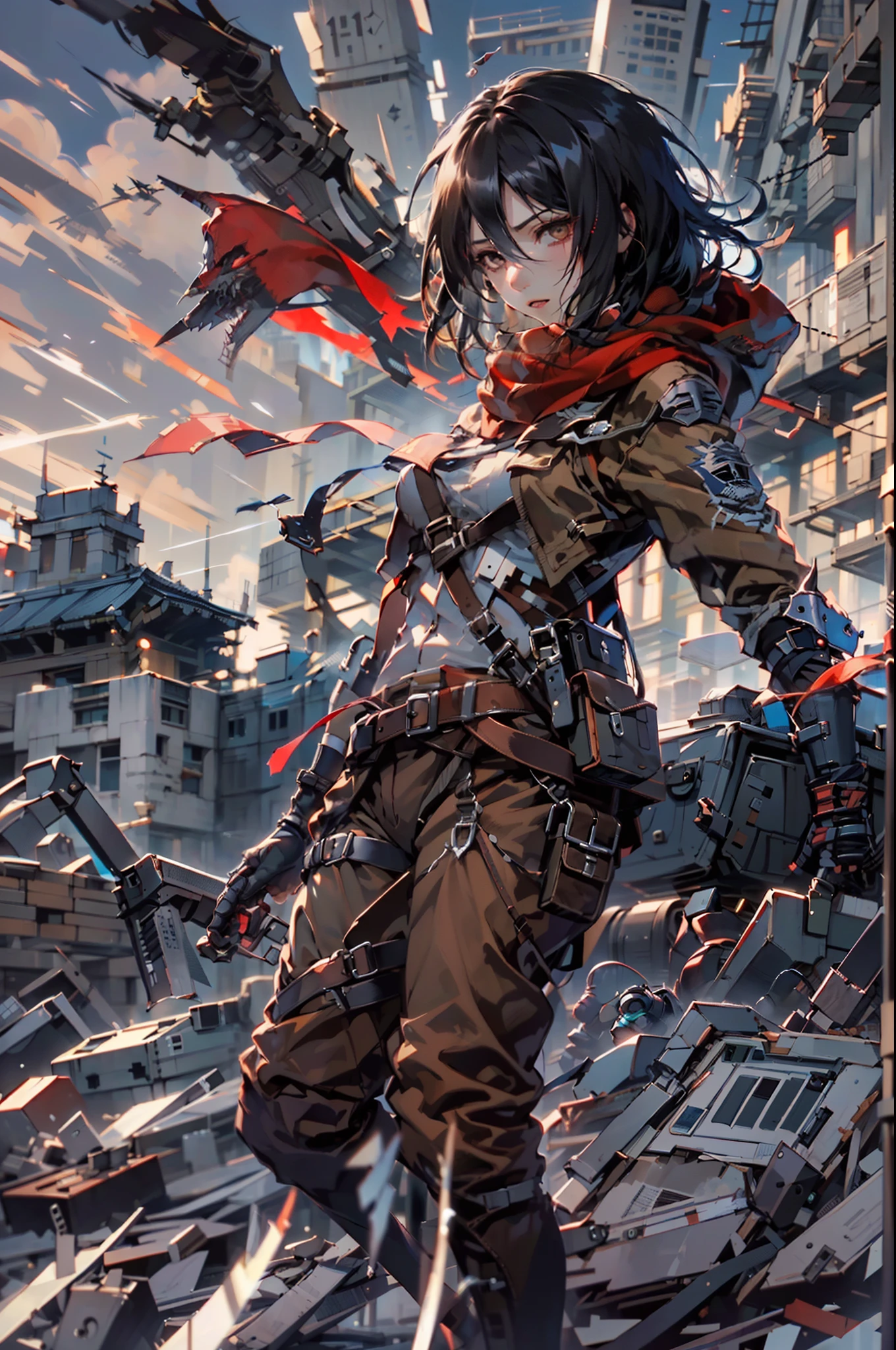 gpO\,best quality,1girl,mikasa_ackerman,Red scarf,sky,gloomy,Combat posture,Action art,Aim at the enemy,Face full of murderous look,sinister gang,butyric,weapon,Minimalism,Impact art,ruins,