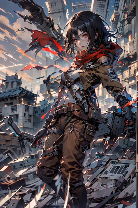 gpO\,best quality,1girl,mikasa_ackerman,Red scarf,sky,gloomy,Combat posture,Action art,Aim at the enemy,Face full of murderous l...
