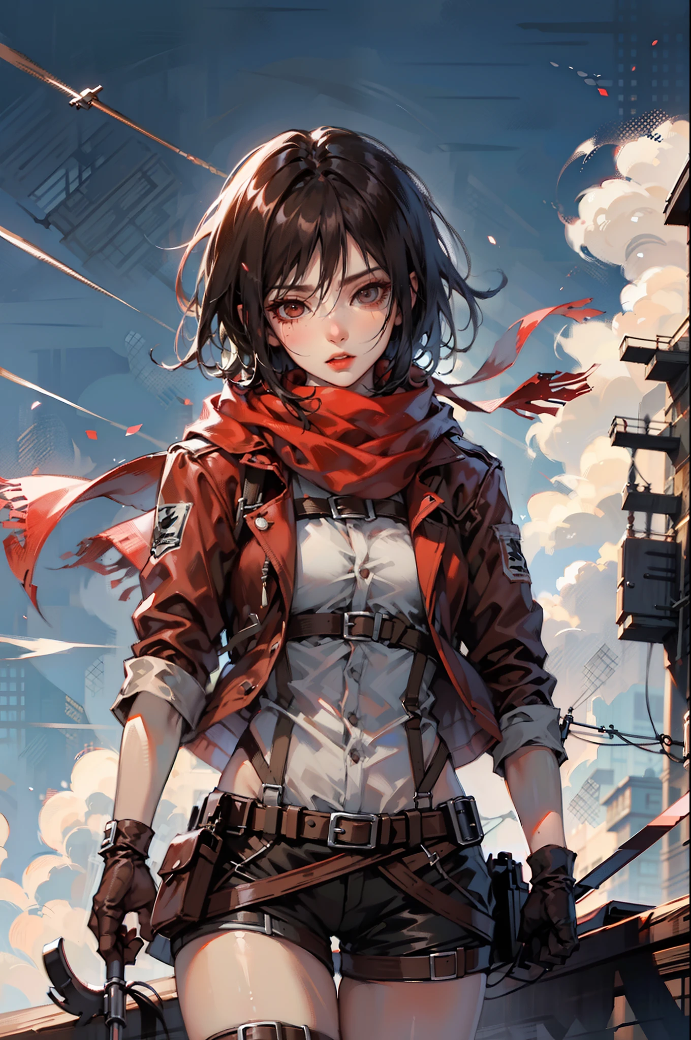 gpO\,最高品質,1人の女の子,Mikasa_アッカーマン,赤いスカーフ,空,暗い,戦闘姿勢,アクションアート,敵を狙う,殺意に満ちた表情,邪悪なギャング,酪酸,武器,ミニマリズム,インパクトアート,遺跡,