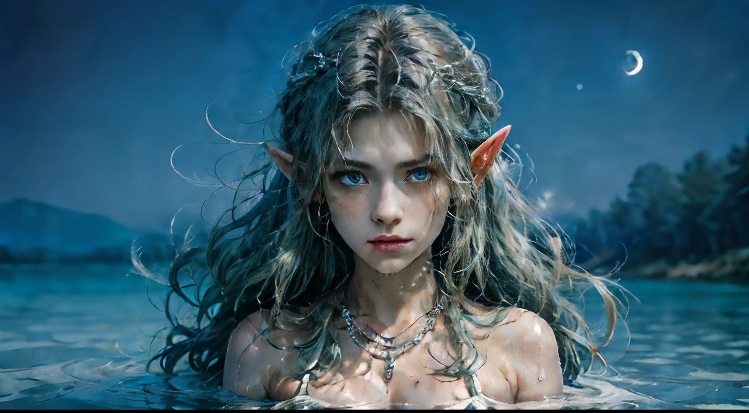 (Masterpiece: 1.3), (8k, Photorealistic, Photo RAW, Best quality: 1.4), (UHD), (Ultra high realism), (Ultra high definition), (Ultra high detail), (Increase contrast), (Increase saturation), (((1girl:1. 3)))), An elf woman, ((looks like a hybrid of Cabie Smulders and Eva Mendes, 2))) (realistic face), with a perfect figure: 1,4, Pretty face, Beautiful face, (Realistic face), ((Elf ear)), Nice hairstyle, Realistic bright amber eyes, Nice details, (Realistic skin), Pale, smooth and luminous skin with iridescent sheen and no imperfections, Ultra high definition, Ultra realistic, Highly detailed, (Large breasts: 1.3), (Cleavage: 0.8), The elf immersed in the lake shrouded in a halo of darkness and mystery, looks up with arms outstretched above her head and hands clasped, conveying connection to the unseen. The gaze at the lunar light through the water evokes hope, wonder and contemplation, ethereal aspect. The folds of the water create serenity and stillness underwater, while the lunar light adds sparkles to the dress, creating a dreamy ambiance. her hair floats in the water like liquid silver snakes. Loose, silky strands are scattered around her(Straight, green hair, large breasts: 1,3), (Neckline), ((She wears a necklace of crystal beads that catches the moonlight and the water as she dives, reflecting soft, shimmering colors)), ((Slender figure: 1,2)), ((Toned waist), firm and curvaceous buttocks, ((plunging neckline)), ((The white Grecian dress is drenched in water, enhancing her figure and subtly showing off her contours. The neckline and details of the dress stand out)), Shot in 70mm, HQ, 8K (film grain: 1.3), 8k UHD, DSLR, soft lighting, high quality, HDRI, Fujifilm XT3.