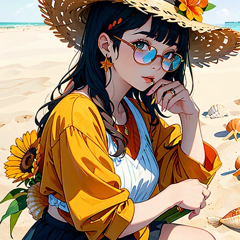 1girl, solo, starfish, seashell, shell, flower, hat, hair ornament, jewelry, straw hat, looking at viewer, sunglasses, hat flower, drinking straw, hairclip, earrings, red flower, tinted eyewear, yellow flower, bangs, english text, multicolored hair, orange...