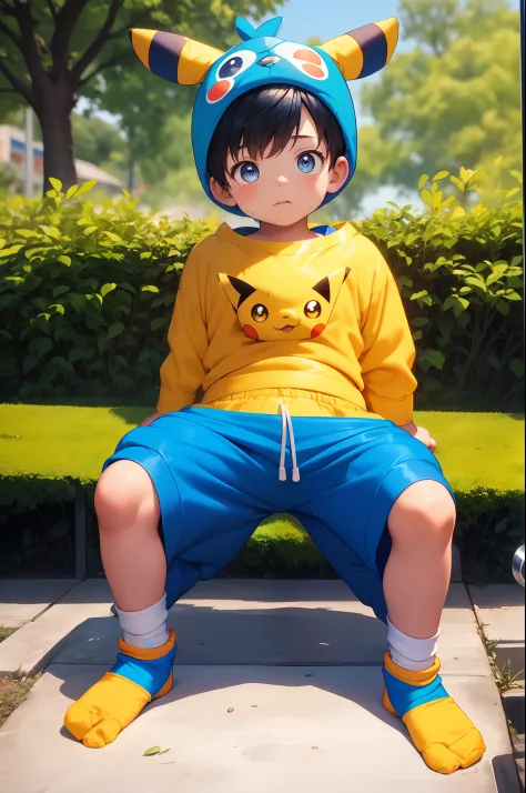 chubby Little boy with blue hair and shiny orange eyes and yellow socks wearing a pikachu costume sitting on a bench in a park, ...