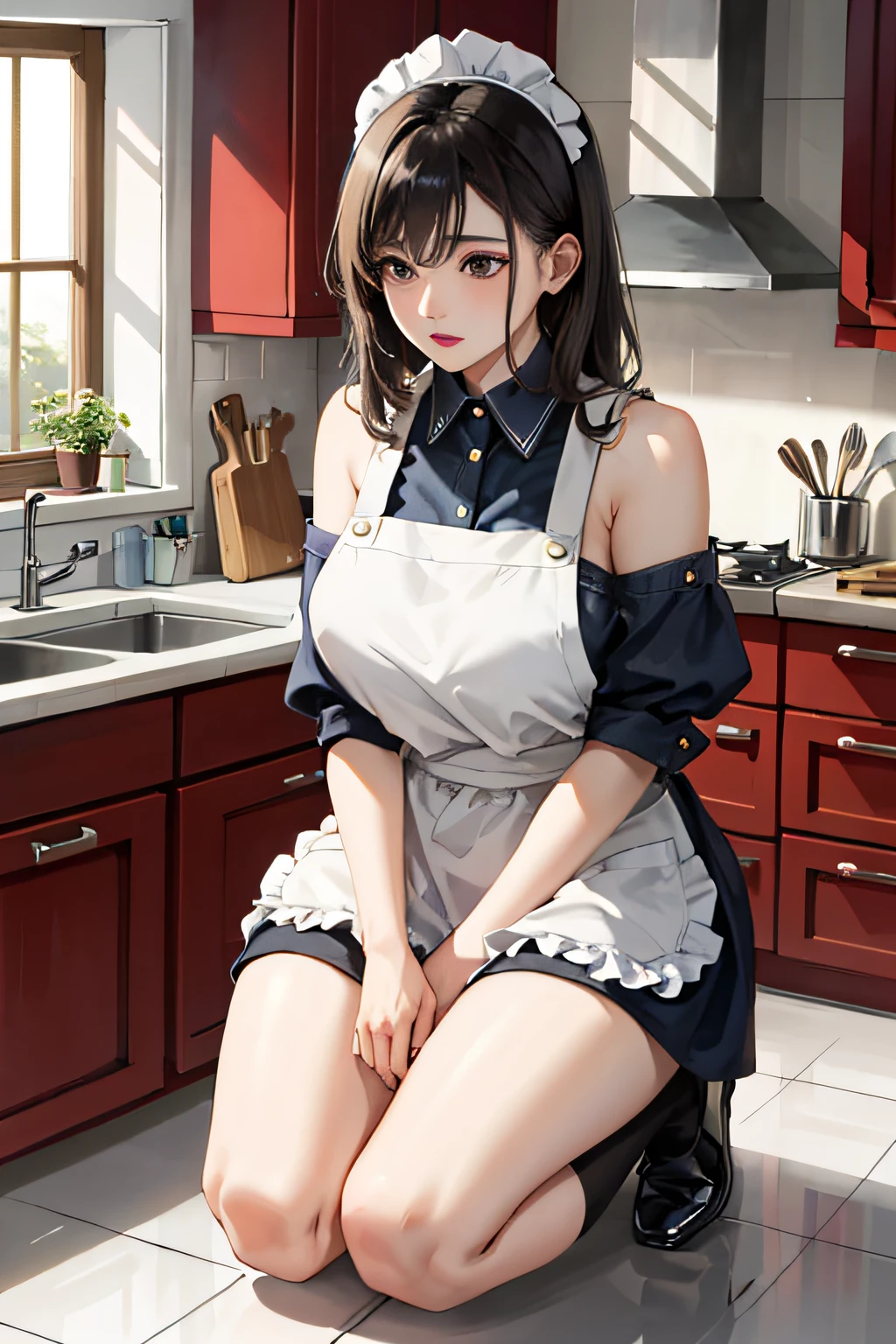 A tall and beautiful mature woman，Expression confidence, showing her thighs and shoulders, busty figure, Big breasts, A ball head, wearing apron, a human wife, In a kitchen, Kneeling on the ground.