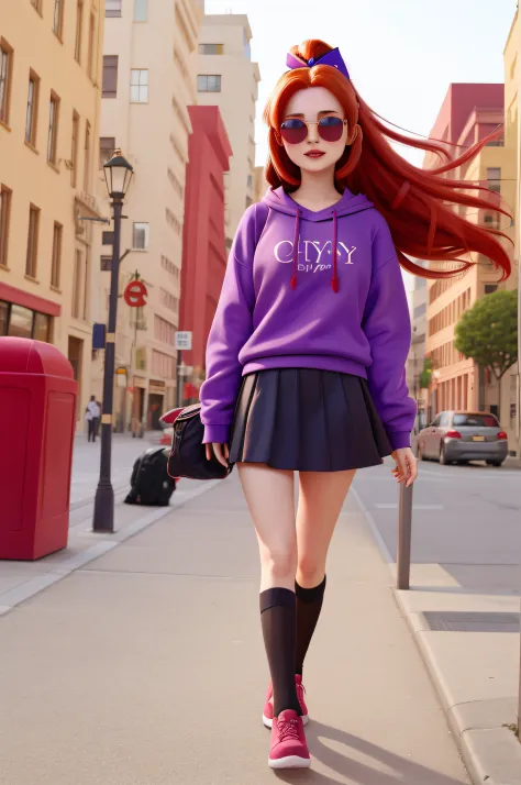 1 girl, 20 years old, long red hair, short purple sweatshirt, black mini skirt, colored ribbon in her hair, sunglasses, city
