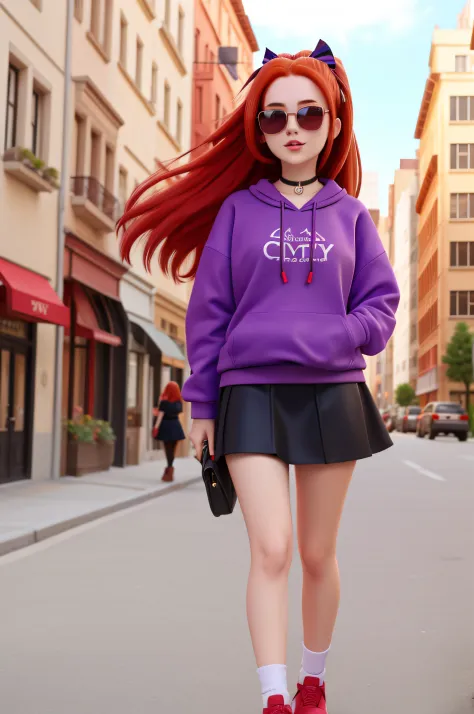 1 girl, 20 years old, long red hair, short purple sweatshirt, black mini skirt, colored ribbon in her hair, sunglasses, city