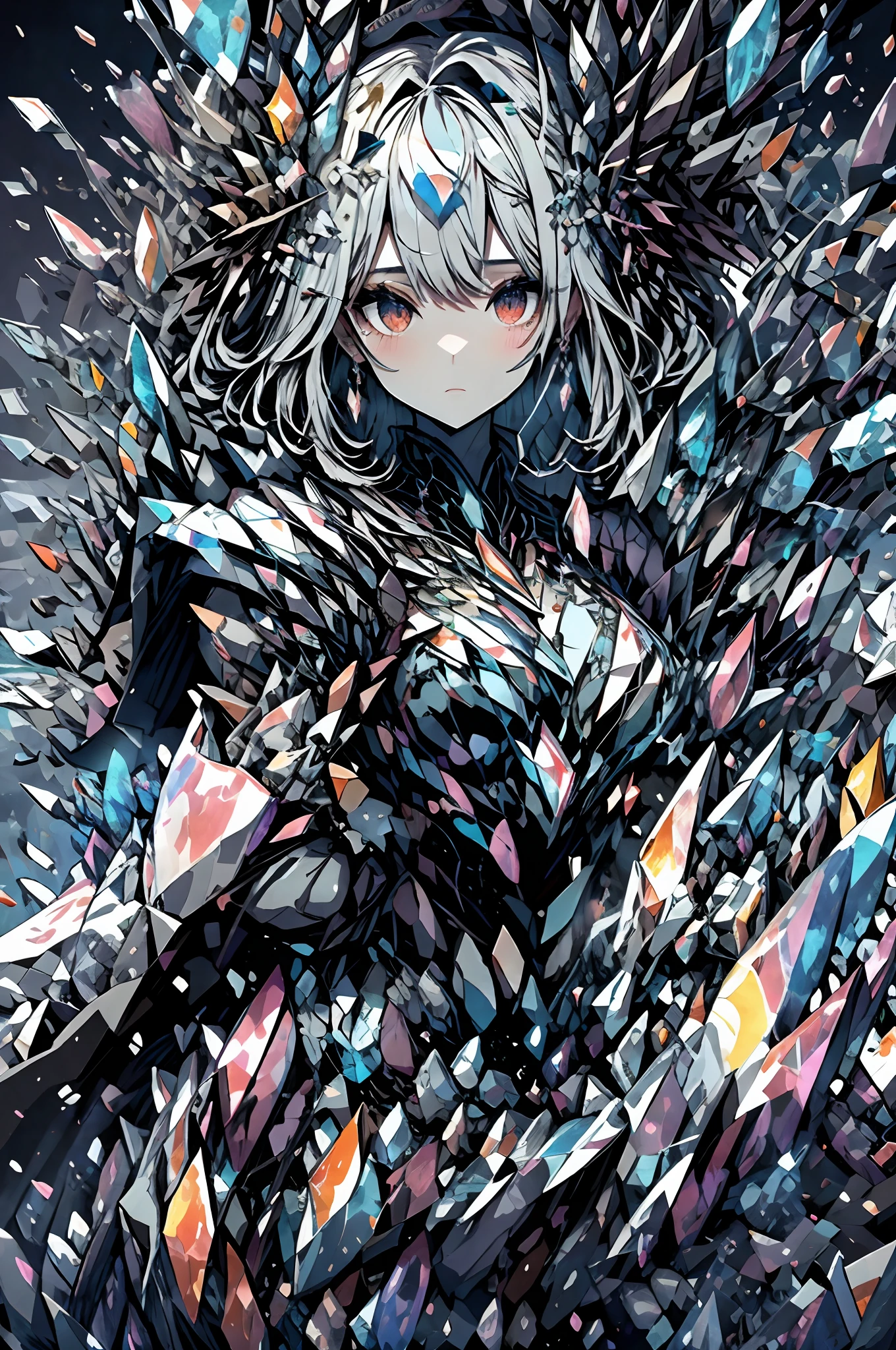 ​masterpiece, top-quality, hightquality, abyssal, This illustration is、It is a fantasy scene that combines a majestic atmosphere with romantic elements....。Woman in black armor、Stand in majestic and heavy armor。Her armor iade of transparent material like glass.、It is engraved with a beautiful pattern、Emphasis on armor texture。

however、The armor is partially powdered々It has become.、Powder々Shards of glass flutter around her。This symbolizes eternal struggle and loss.、It exudes a sense of sadness and romance at the same time。The woman's expression is、It reflects the deep contemplation and memory of the past.、It expresses her inner complexity。

Powder々Became a shard of glass、Swaying in the wind、Beautiful brilliance in the night sky。This adds a fantastic and romantic element.、It gives the whole scene a mystical atmosphere。Female Warrior and Powder々By crossing the dance of the glass that became,、Past and present、It expresses the moment when reality and fantasy intersect。

This illustration is、Armor powder like glass々will be、It depicts a fantasy world where tragedy and romantic elements are fused。