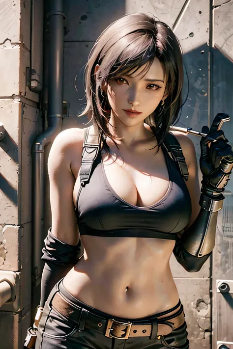 (​masterpiece), (top-quality), 8K分辨率, ultra-detailliert, ultra-detailliert, realisitic, a picture, photorealisim, (1girl), tifa, Final Fantasy, Tifa Lockhart, rays of sunshine, cinematic, Cool Pose, concrete wall,metal pipes,Details red eyes,Detailed doubl...