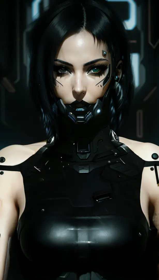 a close up of a woman in a black leather outfit with a black mask, cyborg - girl, cyborg girl, seductive cyberpunk dark fantasy,...