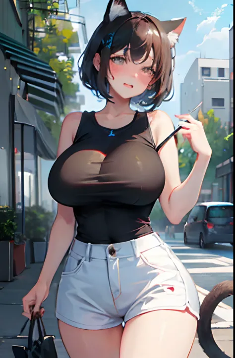 ​masterpiece, top-quality, 1girl in, A MILF,  A dark-haired, short-hair, Cat's ears, Open eyes, Look at the viewer, :3, a cool, sports wear, plein air, street, huge tit