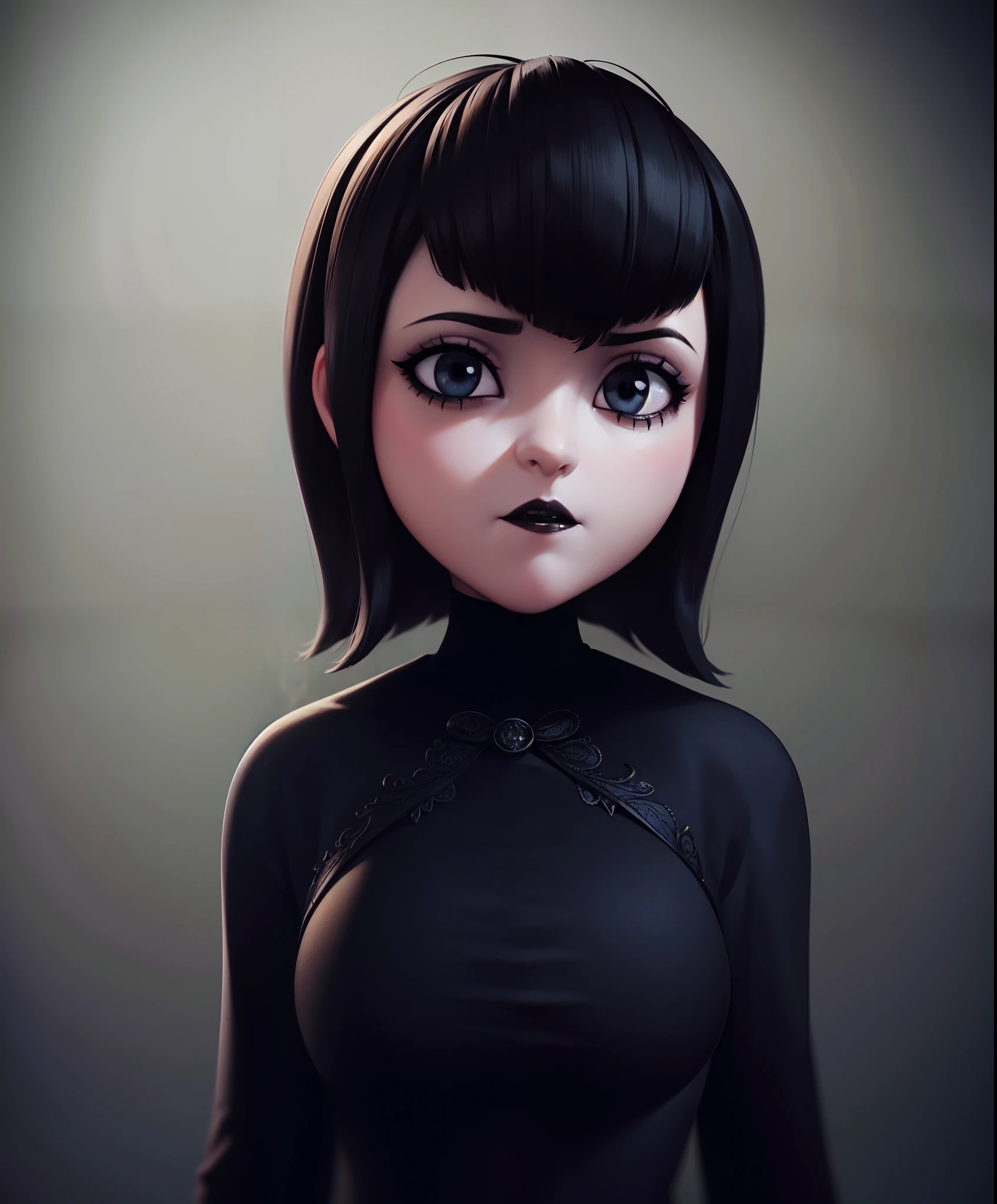 mevis, 1girl, short hair, black hair, solo focus, black eyes, makeup, lipstick, black lips , (dark magic:1.2), (grim:1.2), gothic vampire dressed in three-piece suit ,(intricate details), (hyperdetailed), 8k hdr, high detailed, lot of details, high quality, (colored)