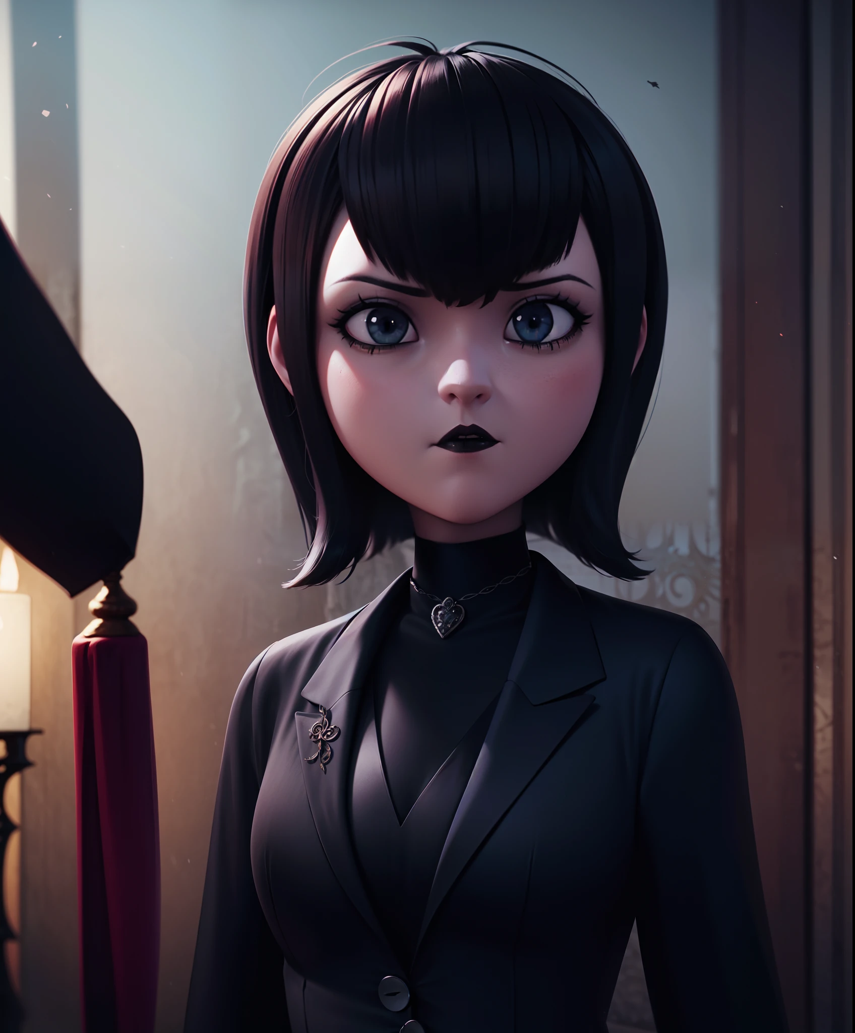 mevis, 1girl, short hair, black hair, solo focus, black eyes, makeup, lipstick, black lips , (dark magic:1.2), (grim:1.2), gothic vampire dressed in three-piece suit ,(intricate details), (hyperdetailed), 8k hdr, high detailed, lot of details, high quality, (colored)