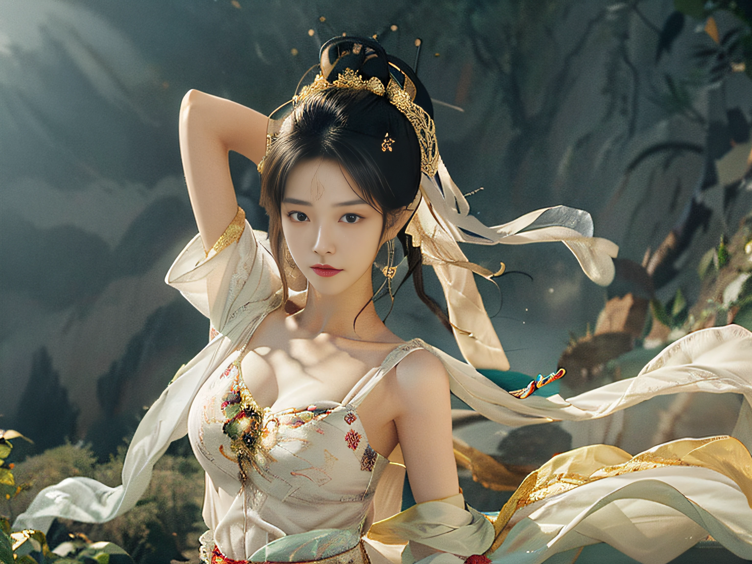 masterpiece,ultra realistic,32k,extremely detailed CG unity 8k wallpaper, best quality, 1 girl, (White robe), In a captivating scene, The background is rich and extremely detailed，Exquisite and beautiful features, Big eyes look at you, Dance, Dunhuang costumes, Dunhuang style, Arms, Dance with the ribbon, Multicolored ribbons，golden jewelery, Ancient Chinese hairstyle, gossamer, Streamers, Flying in the air，Light makeup, eye shadows, Brow line, (face), dynamics, Petals flying, Details, jewelry, Earrings, bangle, bshoulders, Complex textures, chest, Guqin, conduit, Natural expression, Charming smile, A beautiful woman in a flowing white Chinese robe is flying in the air, Soar through the clouds. The wind gently lifts her robe, Emphasize the feeling of flying，As they fly gracefully over the ethereal cloud scene