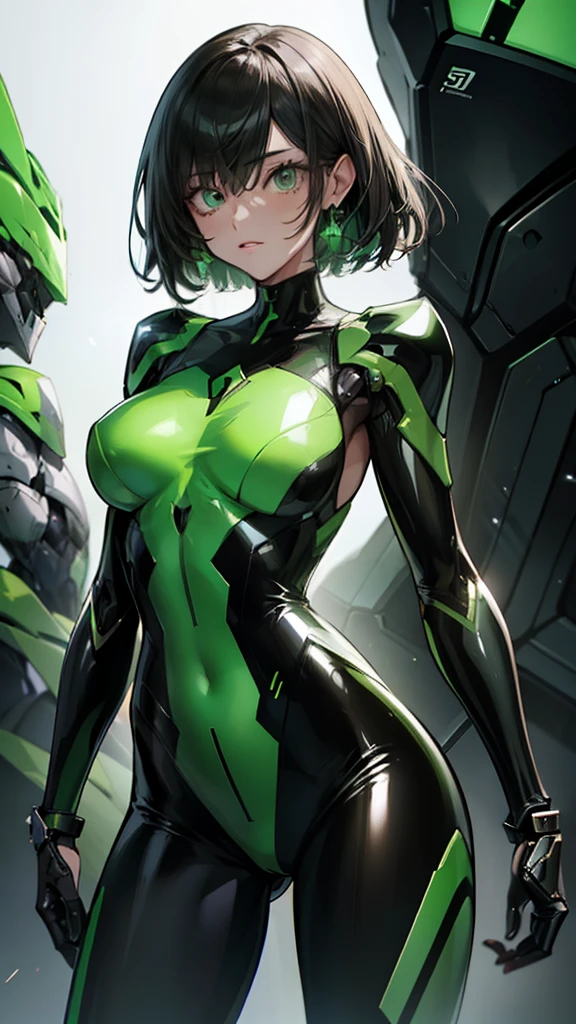 Femme en costume de latex vert et noir, armure en plastique brillant, gilet pare-balles、cybercombinaison, Motif mante, oppai biomécanique,