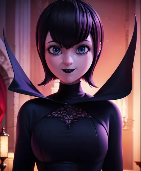 mevis, 1girl, short hair, black hair, solo focus, black eyes, makeup, lipstick, black lips , smile (dark magic), (grim), purple ...