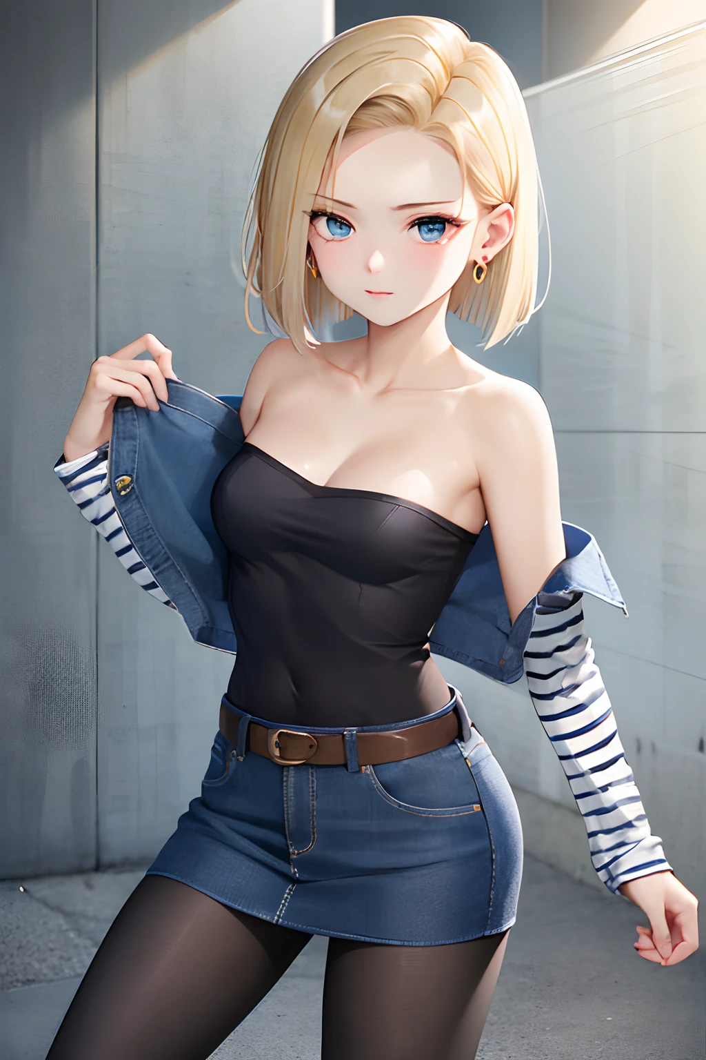 best quality, highres, and18, 1girl, android 18, solo, blonde hair, blue eyes, short hair, earrings, jewelry, denim vest, open vest, black pantyhose, black shirt, denim skirt, striped long sleeves, blue skirt, medium breasts, cowboy shot, street, off-the-shoulder, Strapless,