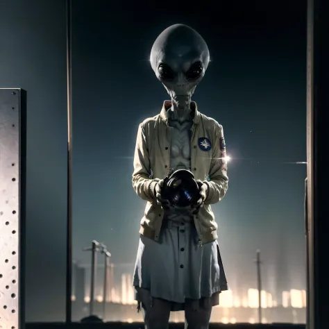 an alien with big eyes, wearing a militar jacket, gray skin, standing next to a plane, second world war, at night, under a stree...