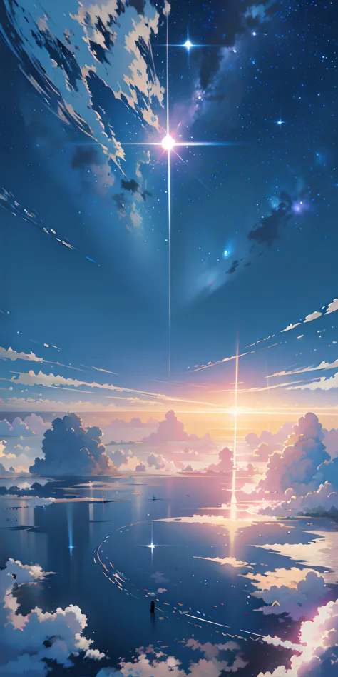 Anime setting of a sunset with a star and a person standing on a boat, cosmic skies. por Makoto Shinkai, Makoto Shinkai Cirilo Rolando, Makoto Shinkai. —h 2160, ( ( Makoto Shinkai ) ), Estilo de Makoto Shinkai, Makoto Shinkai!, por Makoto Shinkai